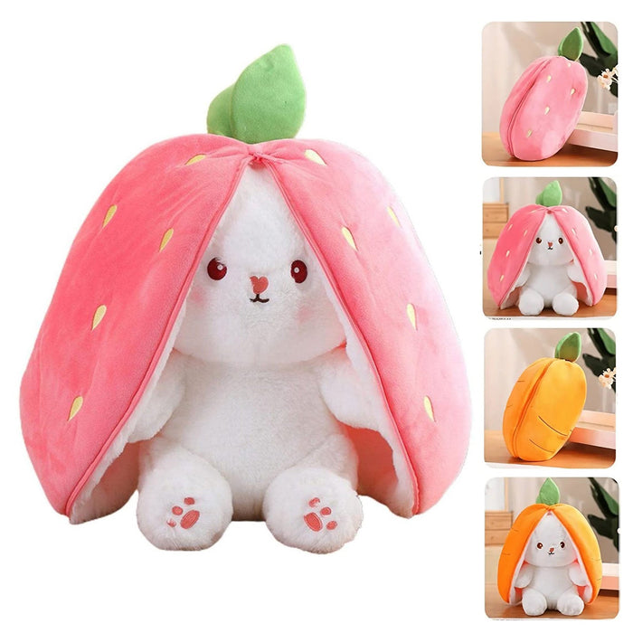 Reversible Strawberry Bunny Plush Toy Soft Polyester Stuffed Animal for Kids Hide and Seek Transforming Toy
